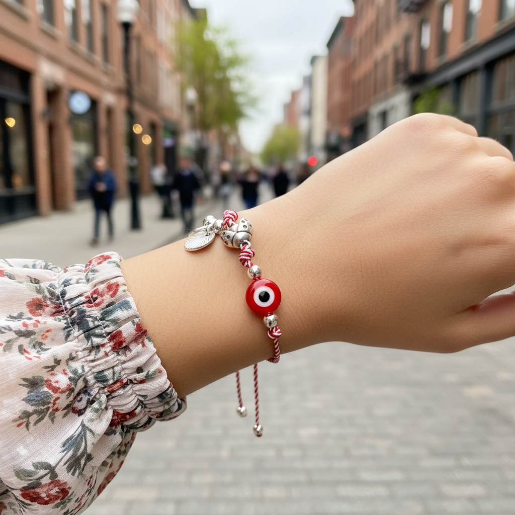 Χειροποίητο βραχιόλι Μάρτης με ματάκι και πασχαλίτσα– So Cute by Dimi