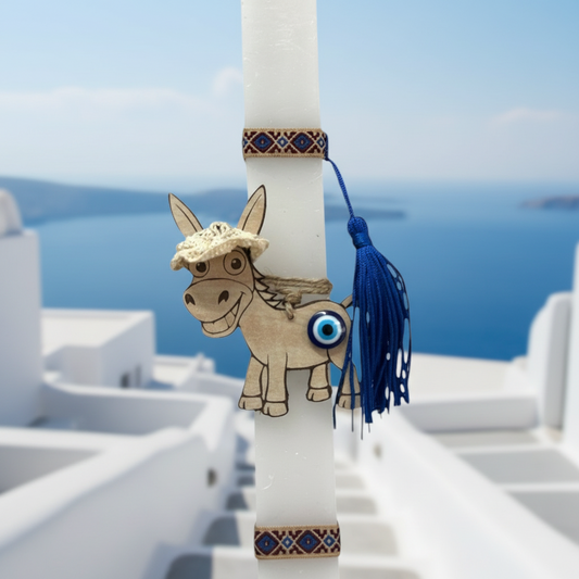 Χειροποίητη πασχαλινή λαμπάδα 30 εκ με ξύλινο γαϊδουράκι, έθνικ κορδέλα και φούντα, ελληνικό πασχαλινό δώρο χονδρικής – So Cute by Dimi