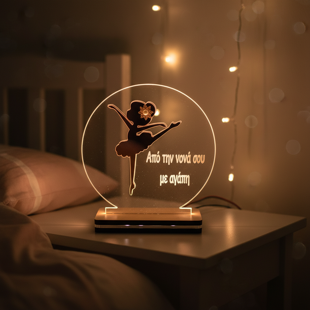 Επιτραπέζιο φωτιστικό LED μπαλαρίνα rose gold με χαραγμένη αφιέρωση «Από την νονά σου με αγάπη».