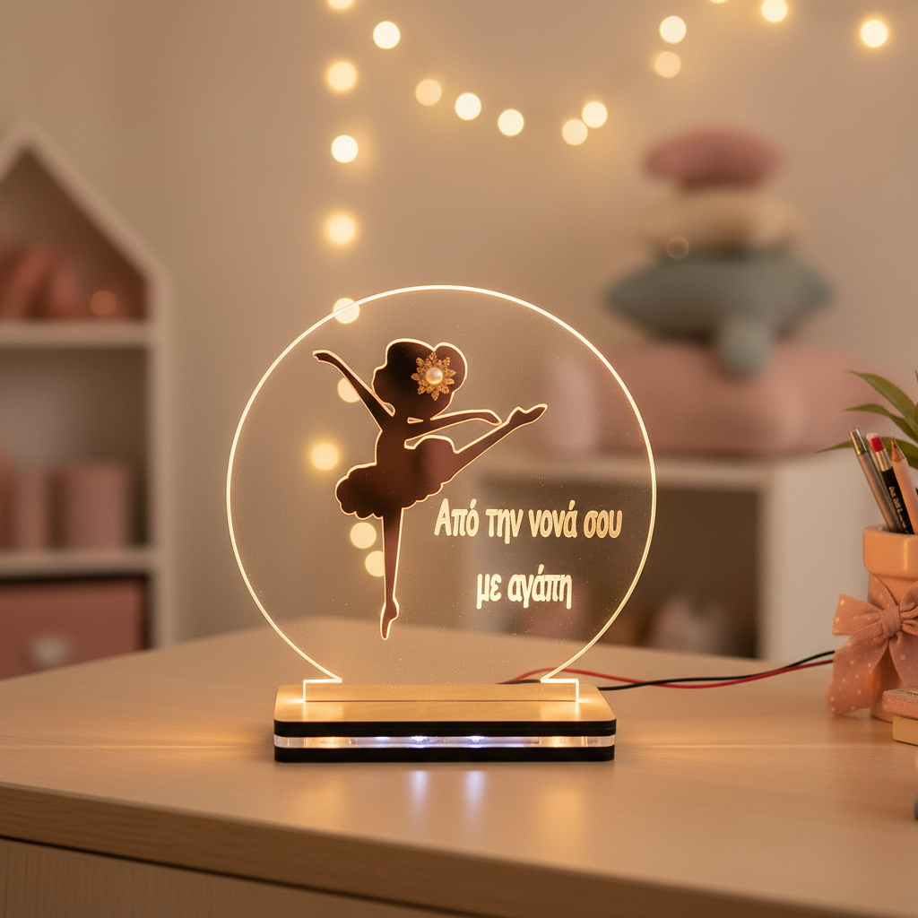 Επιτραπέζιο φωτιστικό LED μπαλαρίνα rose gold με χαραγμένη αφιέρωση «Από την νονά σου με αγάπη».