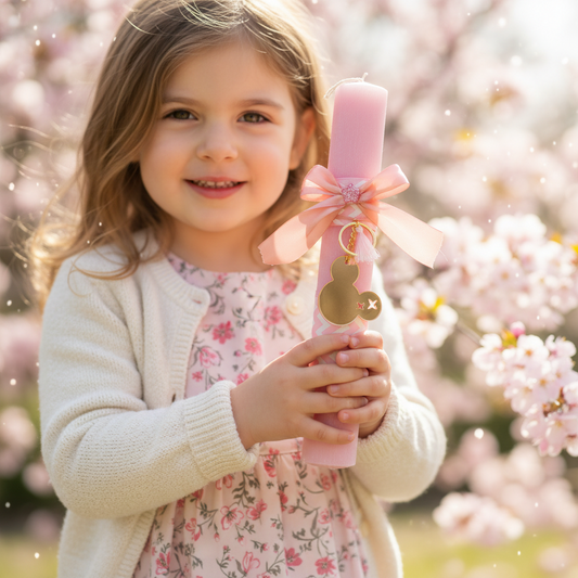 Κοριτσάκι κρατά πασχαλινή λαμπάδα Minnie rose gold με ροζ φιόγκο — παιδικό δώρο Πάσχα So Cute by Dimi.