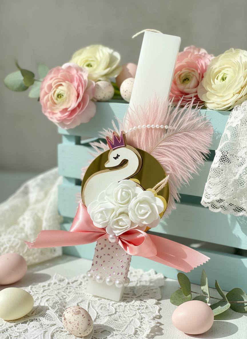 Χειροποίητη λαμπάδα κύκνος χονδρικής με ροζ κορώνα, φτερό και λουλούδια."