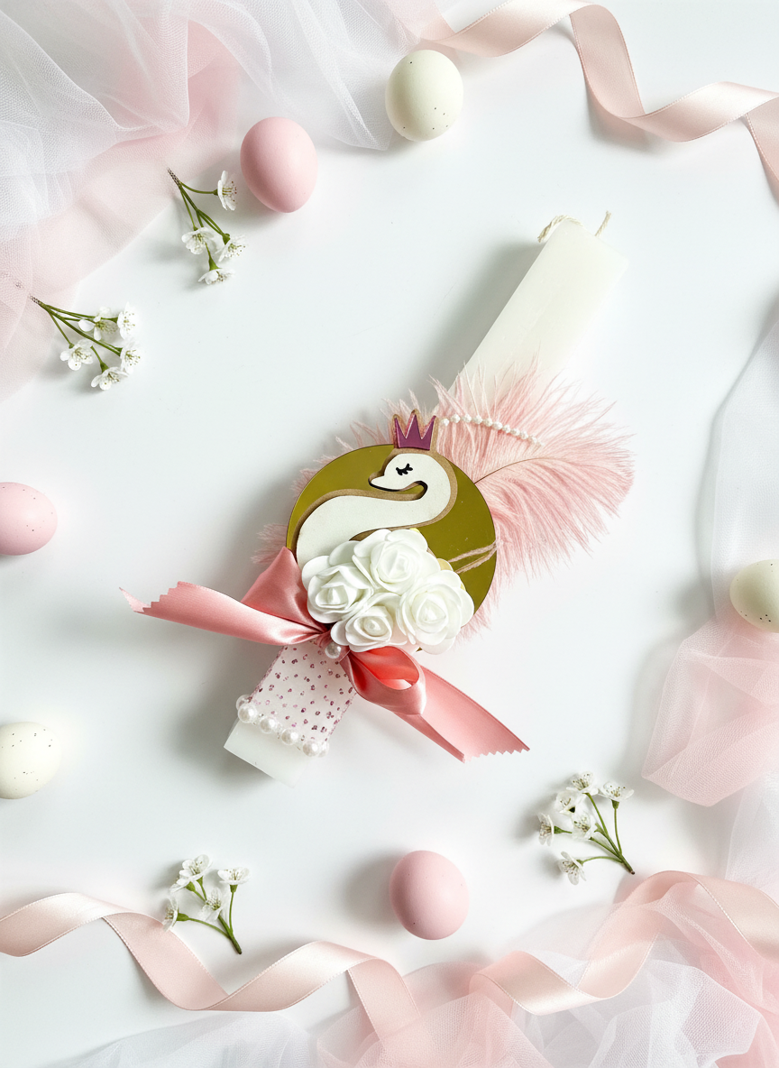 Χειροποίητη λαμπάδα κύκνος χονδρικής με ροζ κορώνα, φτερό και λουλούδια."
