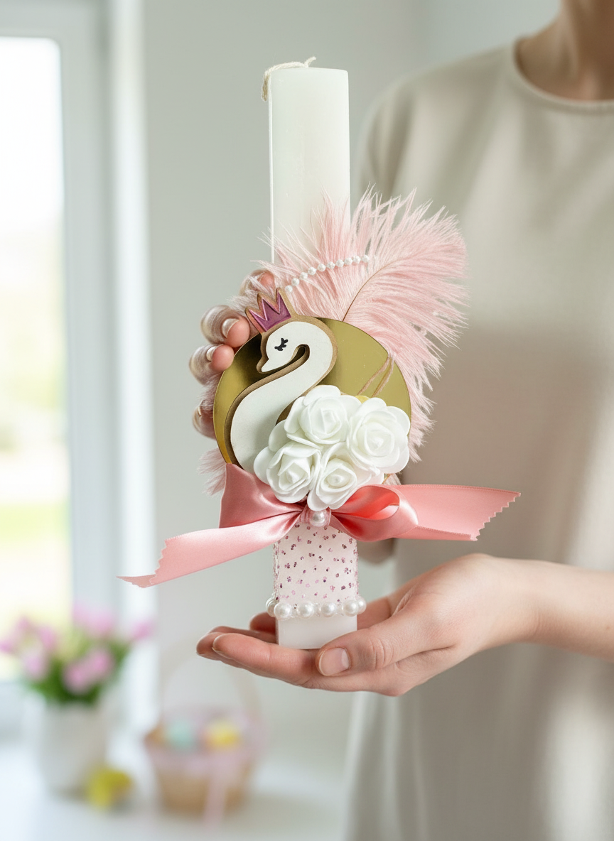 Χειροποίητη λαμπάδα κύκνος χονδρικής με ροζ κορώνα, φτερό και λουλούδια."