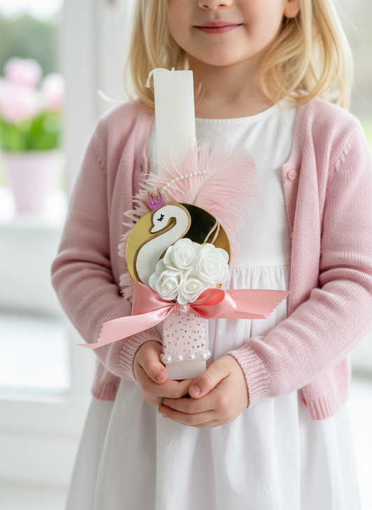 Χειροποίητη λαμπάδα κύκνος χονδρικής με ροζ κορώνα, φτερό και λουλούδια."