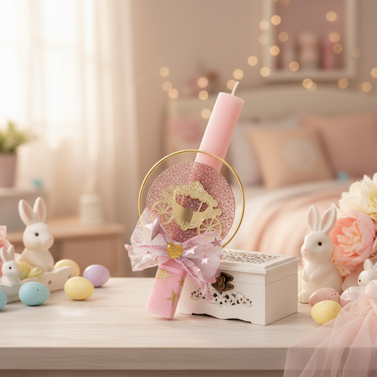 Πασχαλινή λαμπάδα άμαξα από χρυσό πλεξιγκλάς– So Cute by Dimi