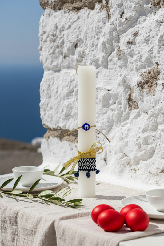 Χειροποίητη πασχαλινή λαμπάδα 30 εκ με βραχιόλι μάτι και έθνικ λεπτομέρειες, ελληνικό πασχαλινό δώρο χονδρικής – So Cute by Dimi