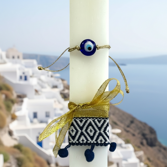 Χειροποίητη πασχαλινή λαμπάδα 30 εκ με βραχιόλι μάτι και έθνικ λεπτομέρειες, ελληνικό πασχαλινό δώρο χονδρικής – So Cute by Dimi