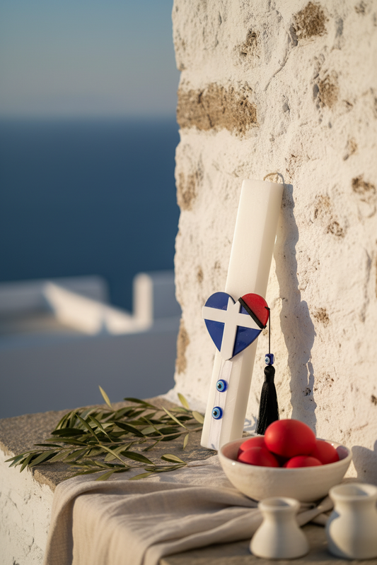 Χειροποίητη πασχαλινή λαμπάδα 30 εκ με μαγνητάκι καρδιά ελληνική σημαία από πλεξιγκλάς καθρέφτη, εταιρικό δώρο – So Cute by Dimi