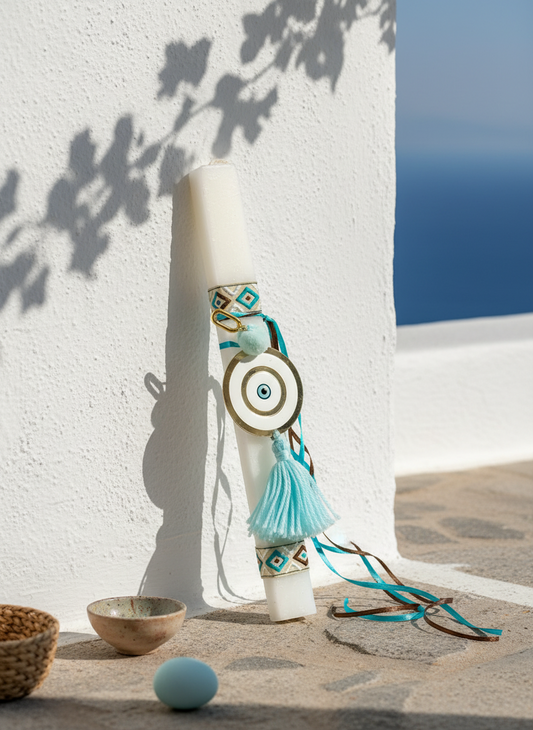 Handmade modern Easter candle with plexiglass evil-eye charm, ethnic ribbons, pom pom and tassel – 30 cm