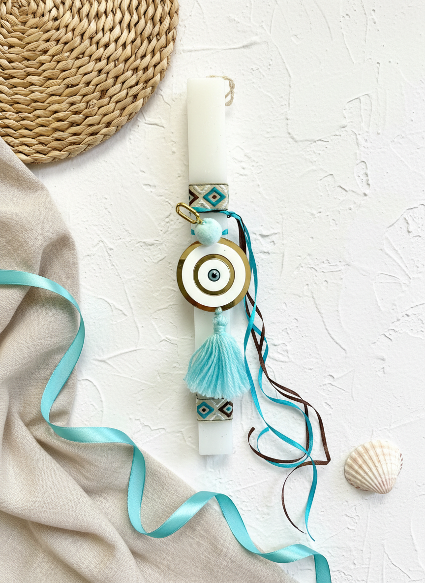 Handmade modern Easter candle with plexiglass evil-eye charm, ethnic ribbons, pom pom and tassel – 30 cm