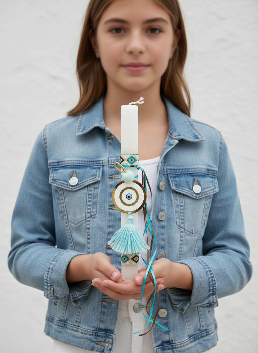 Handmade modern Easter candle with plexiglass evil-eye charm, ethnic ribbons, pom pom and tassel – 30 cm