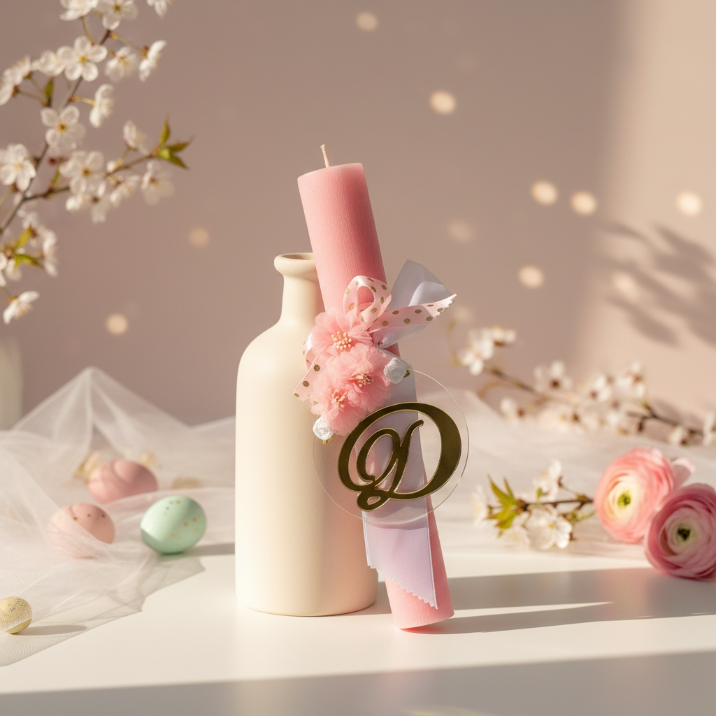 🤍✨Ρομαντική Πασχαλινή Λαμπάδα με Μονόγραμμα & Προαιρετικό Φωτιστικό LED