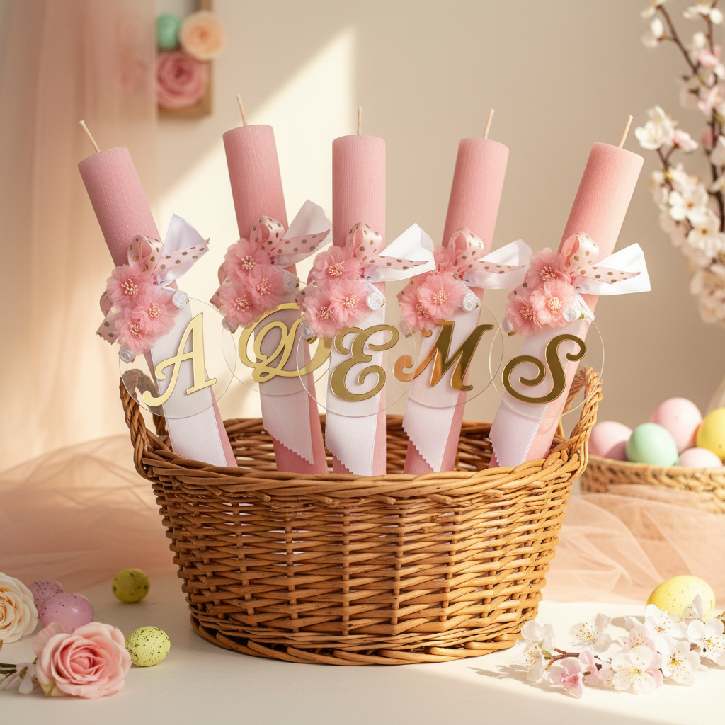 🤍✨Ρομαντική Πασχαλινή Λαμπάδα με Μονόγραμμα & Προαιρετικό Φωτιστικό LED