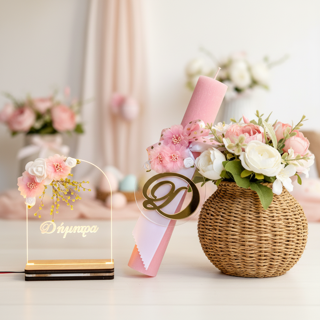 🤍✨Ρομαντική Πασχαλινή Λαμπάδα με Μονόγραμμα & Προαιρετικό Φωτιστικό LED