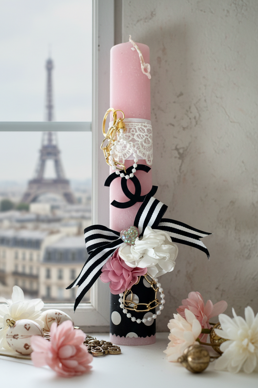 Πασχαλινή λαμπάδα με καμέλιες και μπρελόκ Chanel inspired σε γαλλικό chic ύφος- So Cute by Dimi