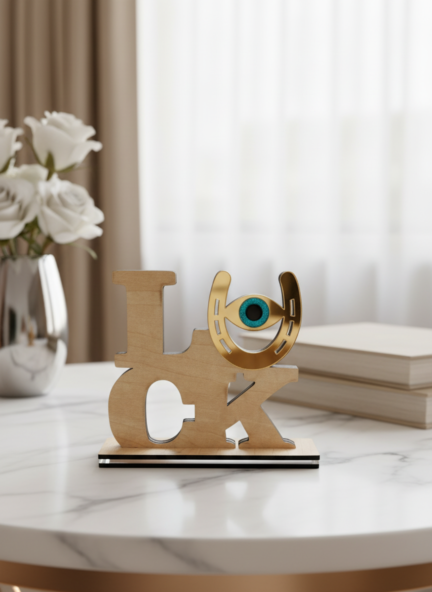 Χονδρικό επιτραπέζιο γούρι LUCK από ξύλο και mirror plexi, χειροποίητο, 13×15 cm.