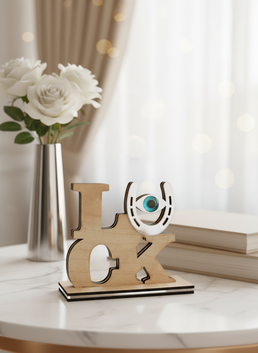 Χονδρικό επιτραπέζιο γούρι LUCK από ξύλο και mirror plexi, χειροποίητο, 13×15 cm.