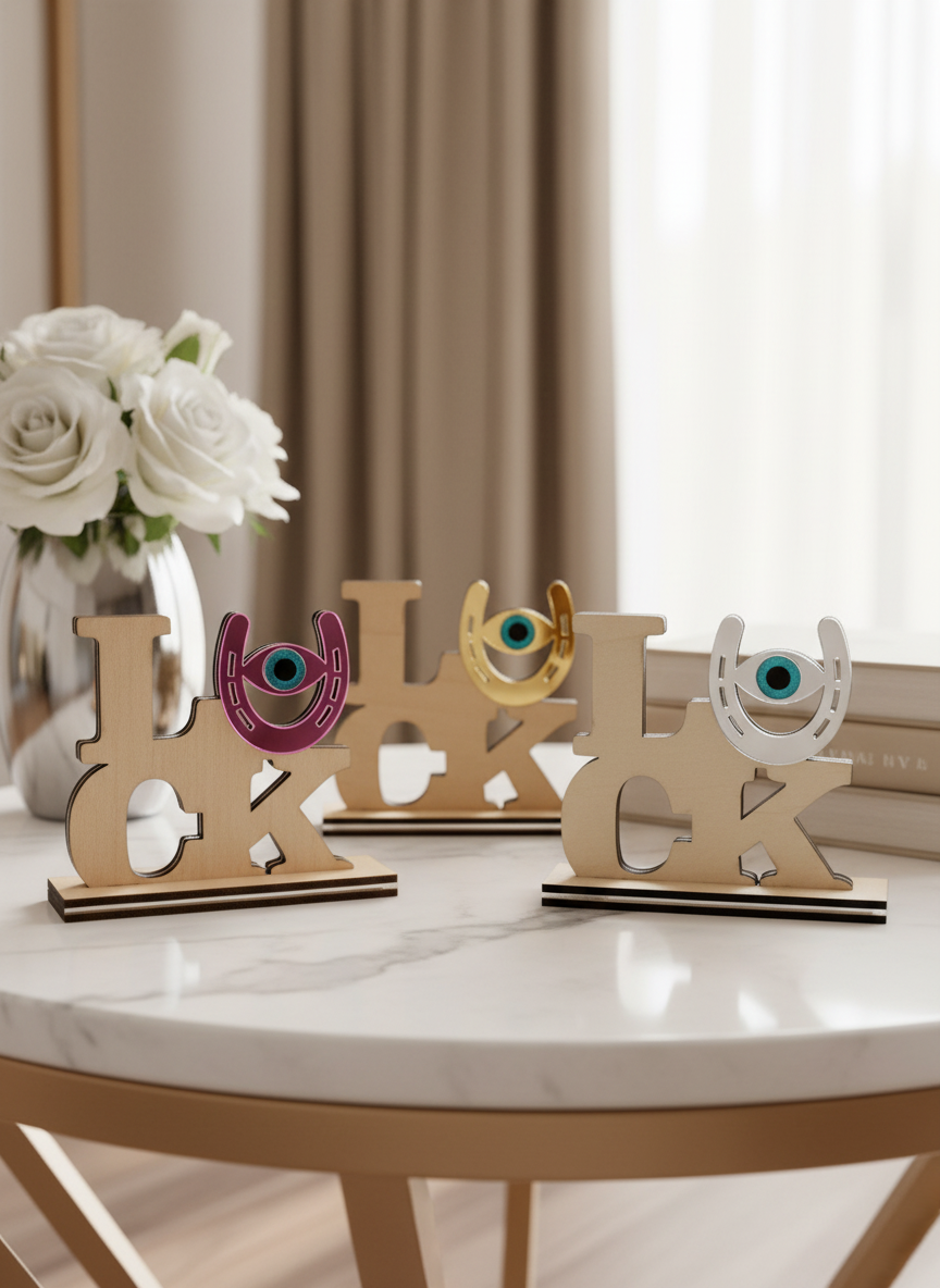 Χονδρικό επιτραπέζιο γούρι LUCK από ξύλο και mirror plexi, χειροποίητο, 13×15 cm.