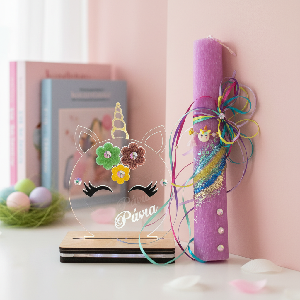 🤍✨ Πασχαλινή Λαμπάδα Unicorn με Βραχιολάκι και προαιρετικό συνοδευτικά (κάδρο και φωτιστικό Led)