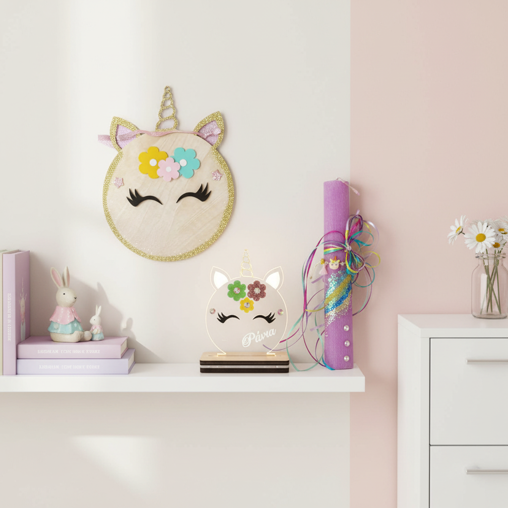 🤍✨ Πασχαλινή Λαμπάδα Unicorn με Βραχιολάκι και προαιρετικό συνοδευτικά (κάδρο και φωτιστικό Led)