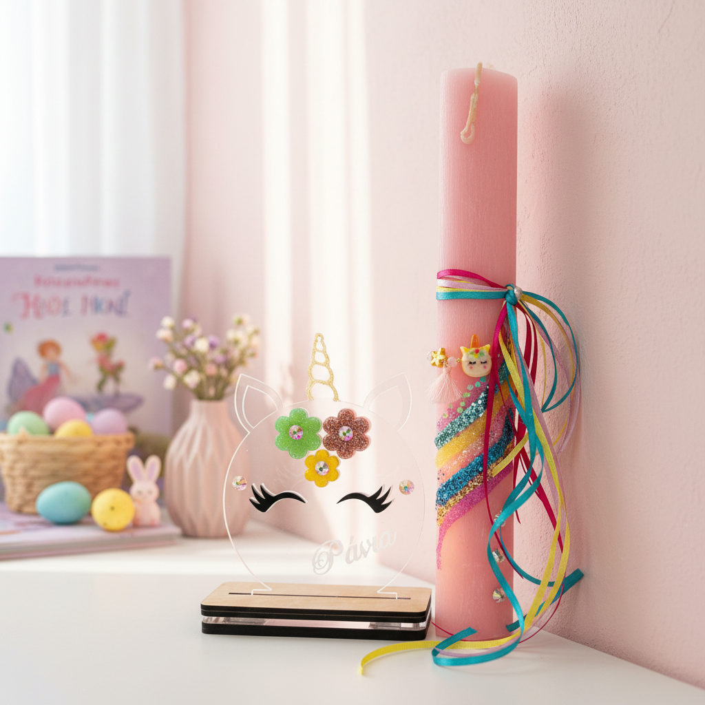 🤍✨ Πασχαλινή Λαμπάδα Unicorn με Βραχιολάκι και προαιρετικό συνοδευτικά (κάδρο και φωτιστικό Led)