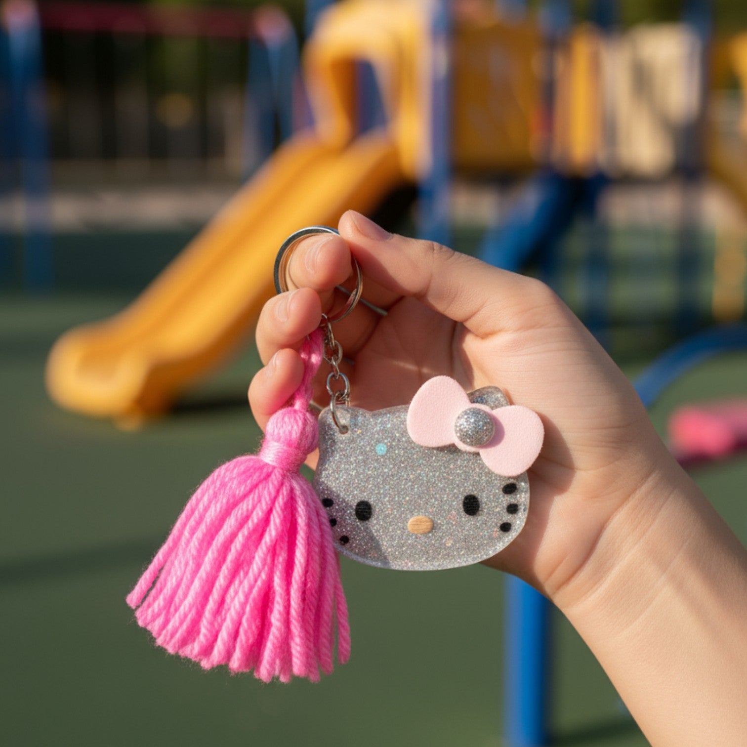 Plexiglass μπρελόκ γατούλα με γκλίτερ & φούντα – So Cute by Dimi Wholesale