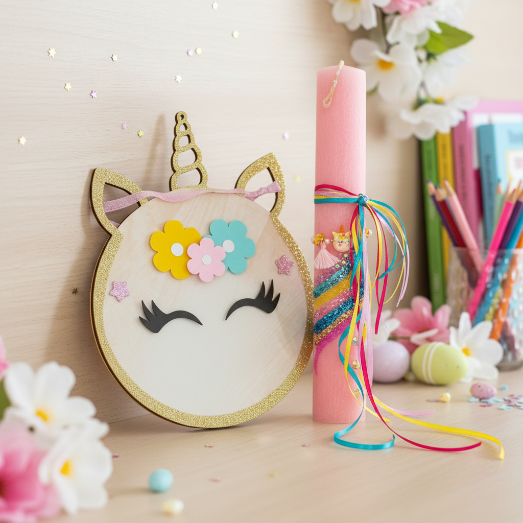 🤍✨ Πασχαλινή Λαμπάδα Unicorn με Βραχιολάκι και προαιρετικό συνοδευτικά (κάδρο και φωτιστικό Led)