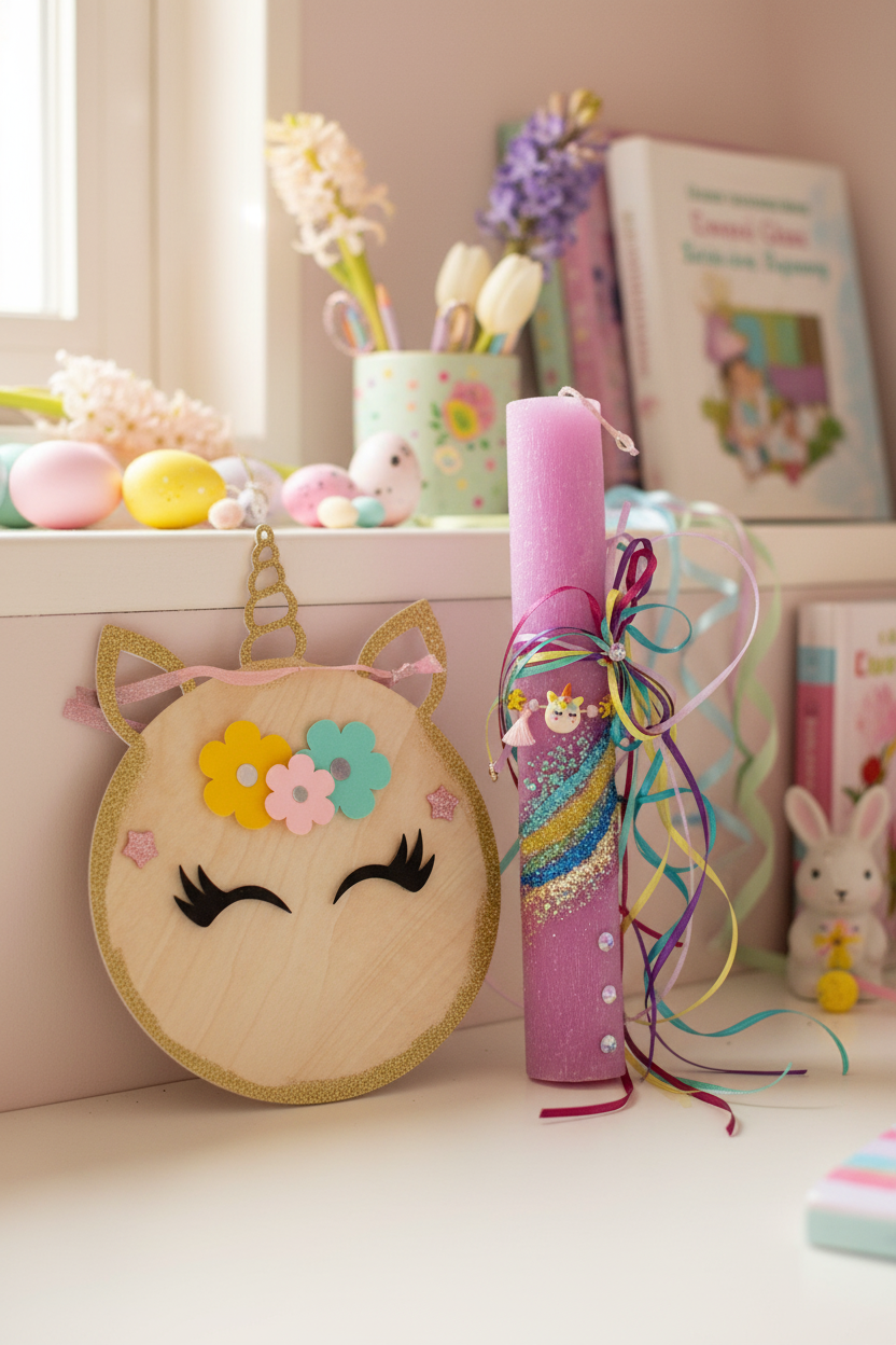 🤍✨ Πασχαλινή Λαμπάδα Unicorn με Βραχιολάκι και προαιρετικό συνοδευτικά (κάδρο και φωτιστικό Led)