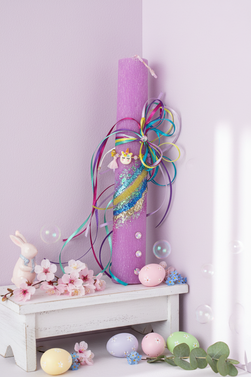 🤍✨ Πασχαλινή Λαμπάδα Unicorn με Βραχιολάκι και προαιρετικό συνοδευτικά (κάδρο και φωτιστικό Led)