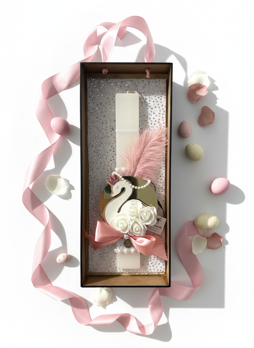 Χειροποίητη λαμπάδα κύκνος χονδρικής με ροζ κορώνα, φτερό και λουλούδια."