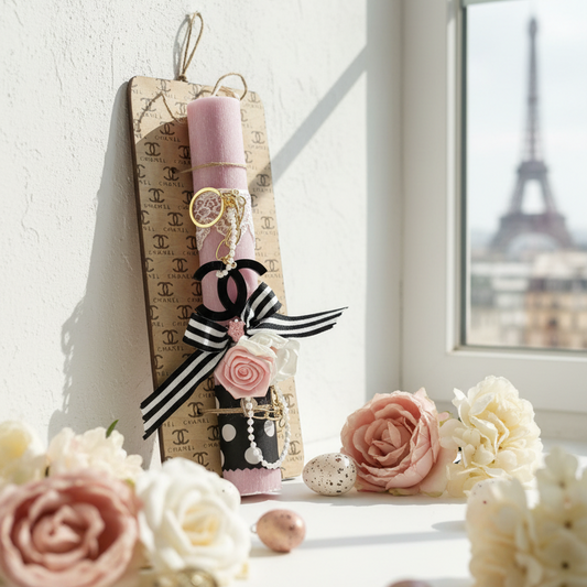 Πασχαλινή λαμπάδα με καμέλιες και μπρελόκ Chanel inspired σε γαλλικό chic ύφος- So Cute by Dimi