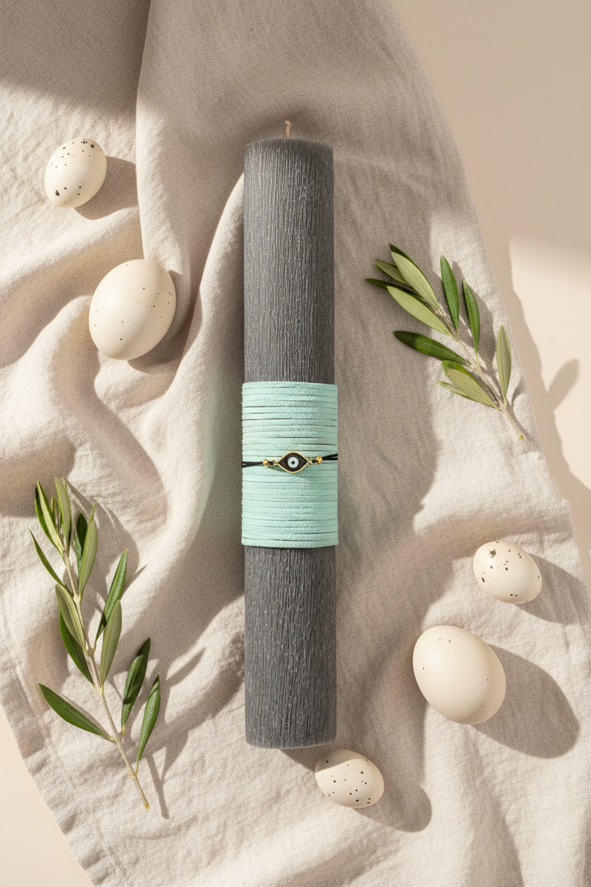 Minimal πασχαλινή λαμπάδα με σουέτ κορδόνι και βραχιόλι ματάκι – So Cute by Dimi