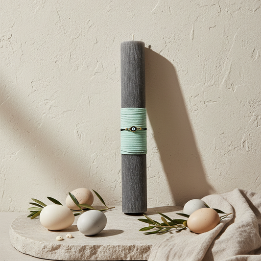 Minimal πασχαλινή λαμπάδα με σουέτ κορδόνι και βραχιόλι ματάκι – So Cute by Dimi