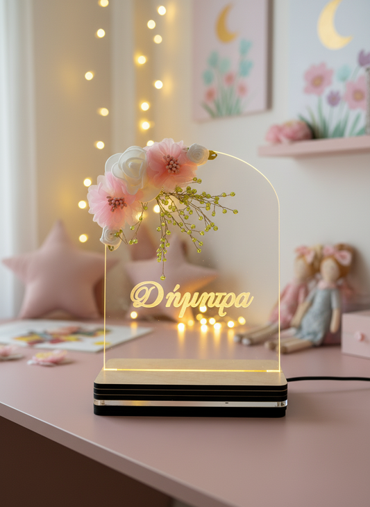 Οβάλ ακρυλικό LED φωτιστικό με υφασμάτινα ροζ και λευκά λουλούδια και προσωποποιημένη χάραξη ονόματος στη βάση