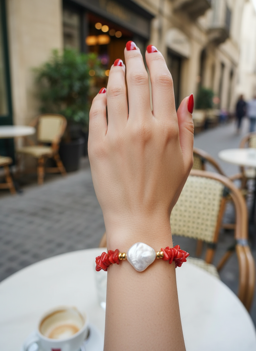 Χειροποίητο βραχιόλι με φυσικές πολύχρωμες πέτρες και λευκή πέρλα – So Cute by Dimi