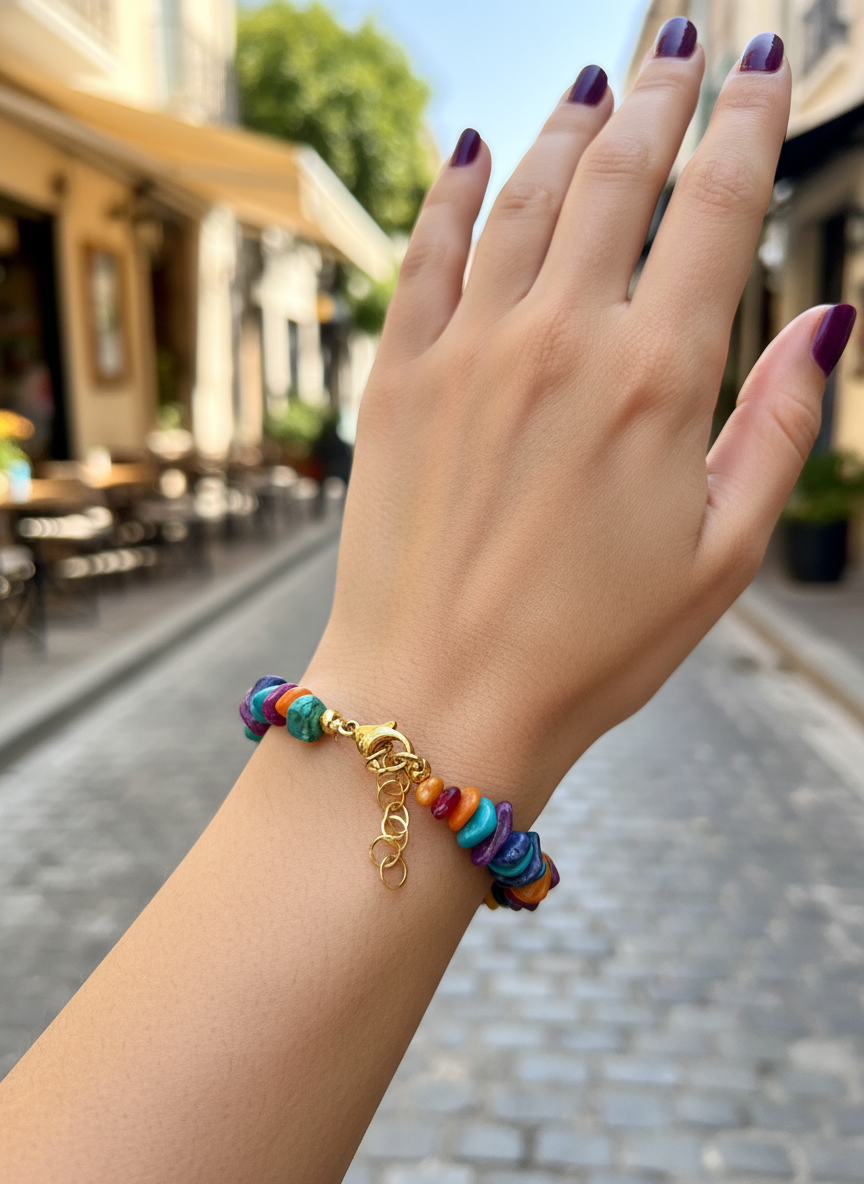 Χειροποίητο βραχιόλι με chips ημιπολύτιμων λίθων & επίχρυσο ματάκι – So Cute by Dimi