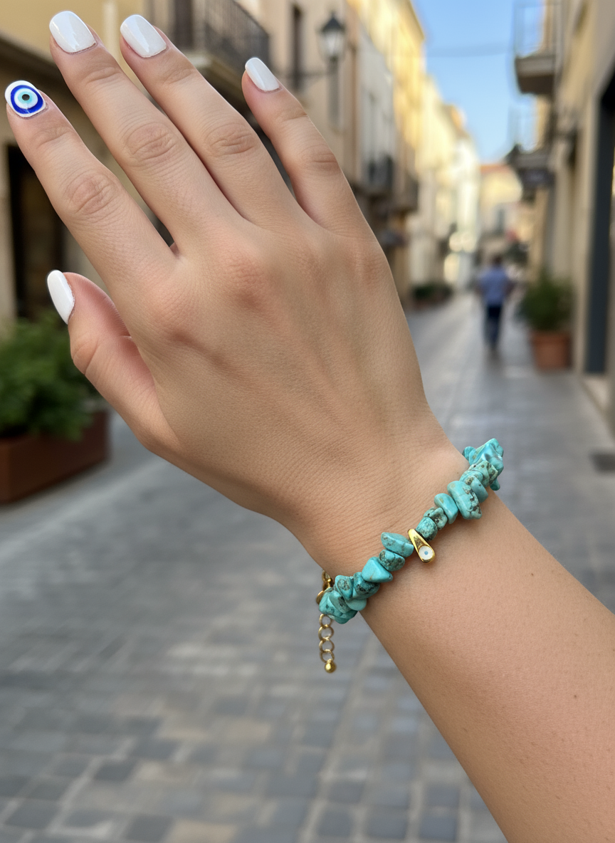 Χειροποίητο βραχιόλι με chips ημιπολύτιμων λίθων & επίχρυσο ματάκι – So Cute by Dimi