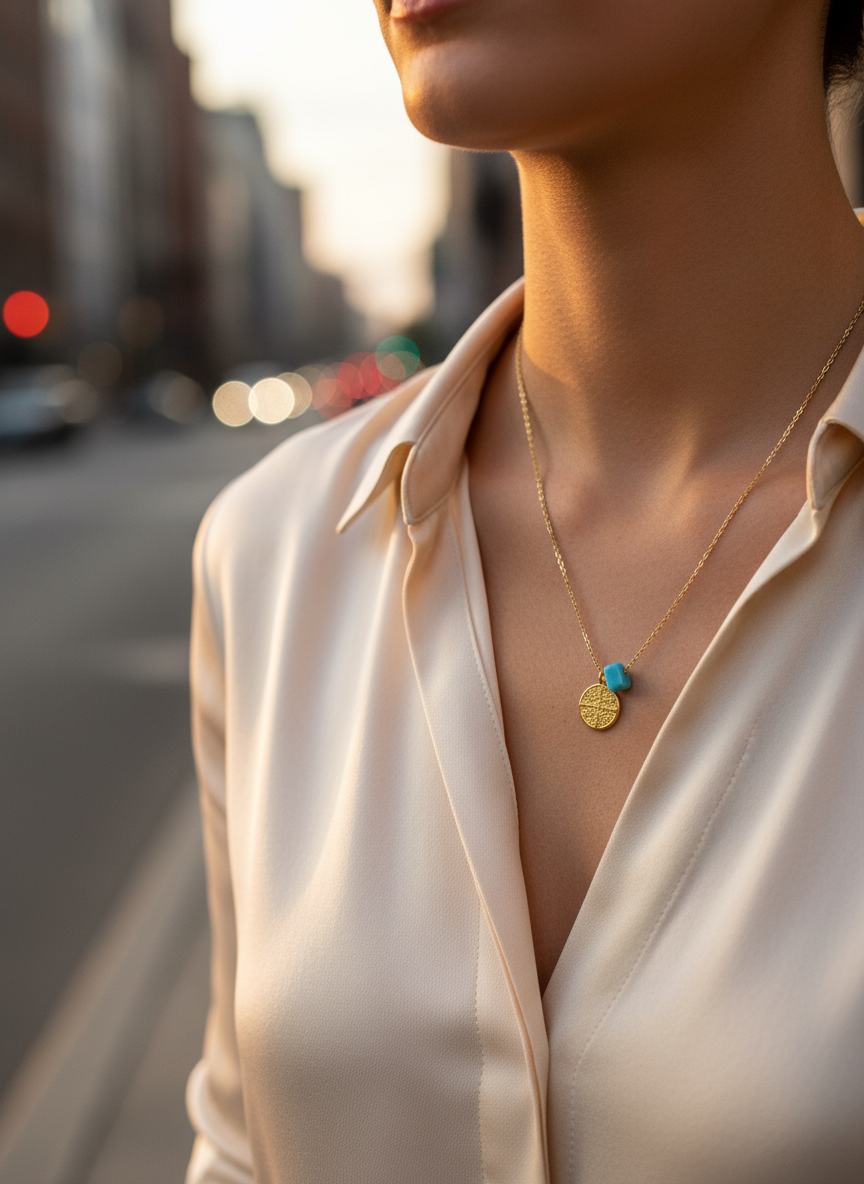 Ατσάλινο Κολιέ με Τυρκουάζ Κύβο & Κωνσταντινάτο, χονδρική So Cute by Dimi