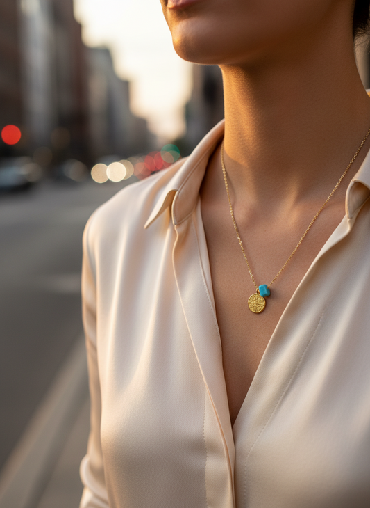 Ατσάλινο Κολιέ με Τυρκουάζ Κύβο & Κωνσταντινάτο, χονδρική So Cute by Dimi