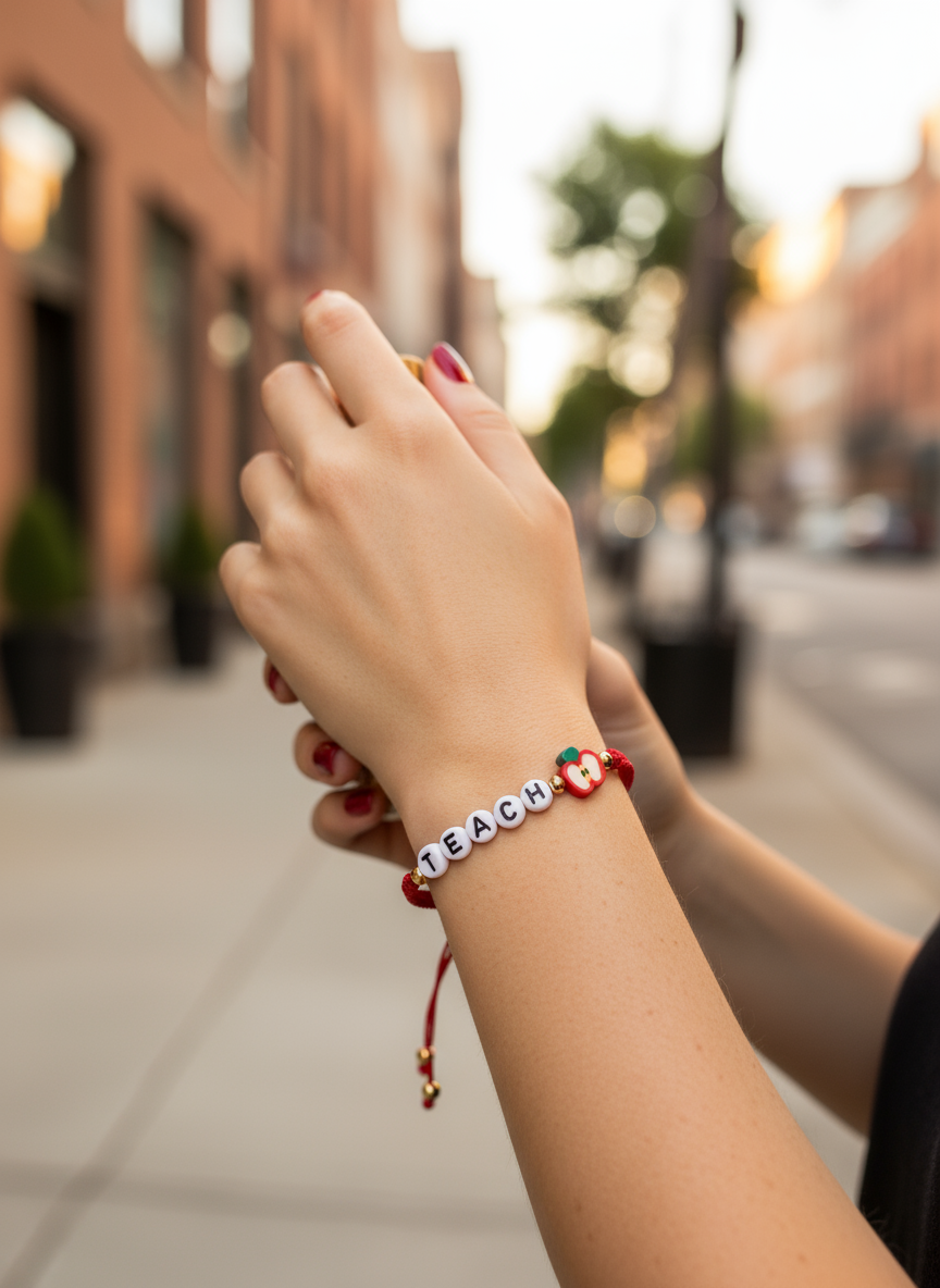 Χειροποίητο βραχιόλι δασκάλας με χάντρες TEACH & ξύλινη κάρτα μήλο – So Cute by Dimi