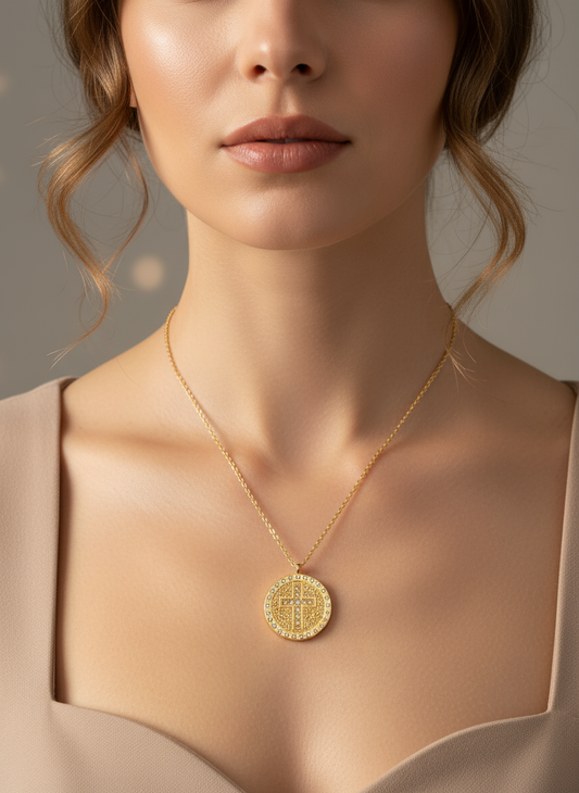 Divine Glow – Κολιέ με σταυρό & στρας σε κυκλικό μενταγιόν - So Cute by Dimi