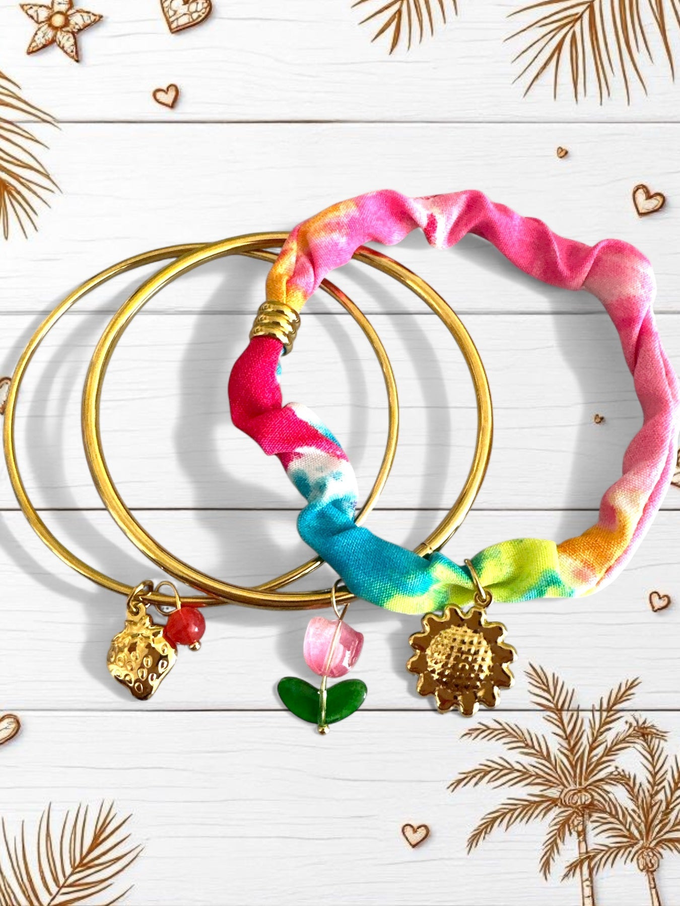 Fruit Fiesta – Σετ 3 Βραχιόλια με Charms & Υφασμάτινη Λεπτομέρεια