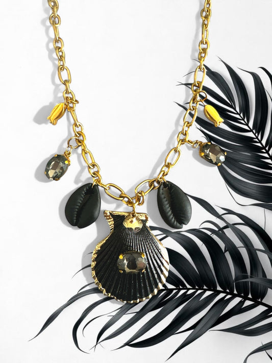 🖤 Κολιέ Black Shell με Φυσικά Κοχύλια & Κρύσταλλα