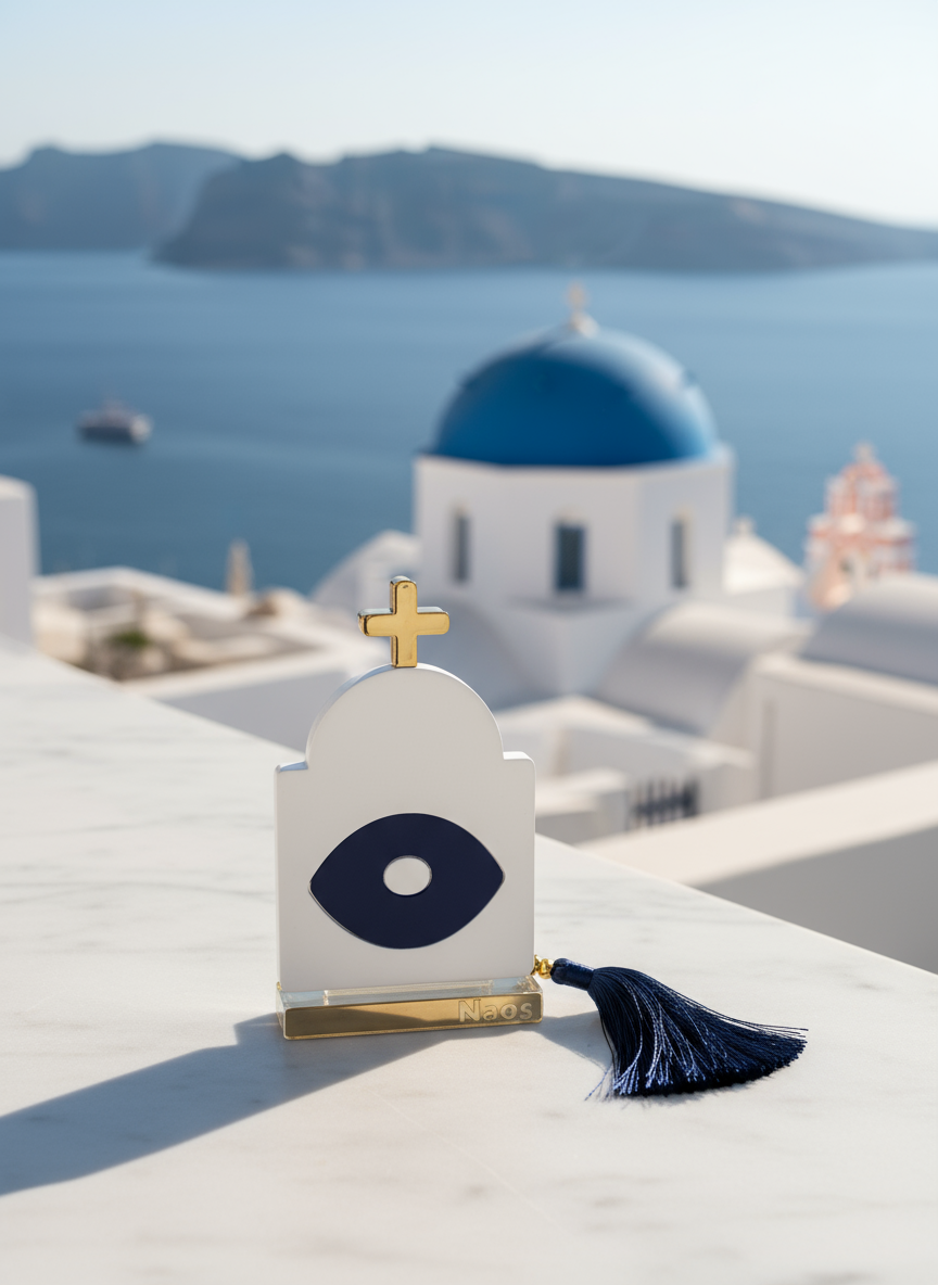 Γούρι plexiglass σε σχήμα ναού με navy μάτι, χρυσό σταυρό και μπλε φούντα – χονδρική So Cute by DImi