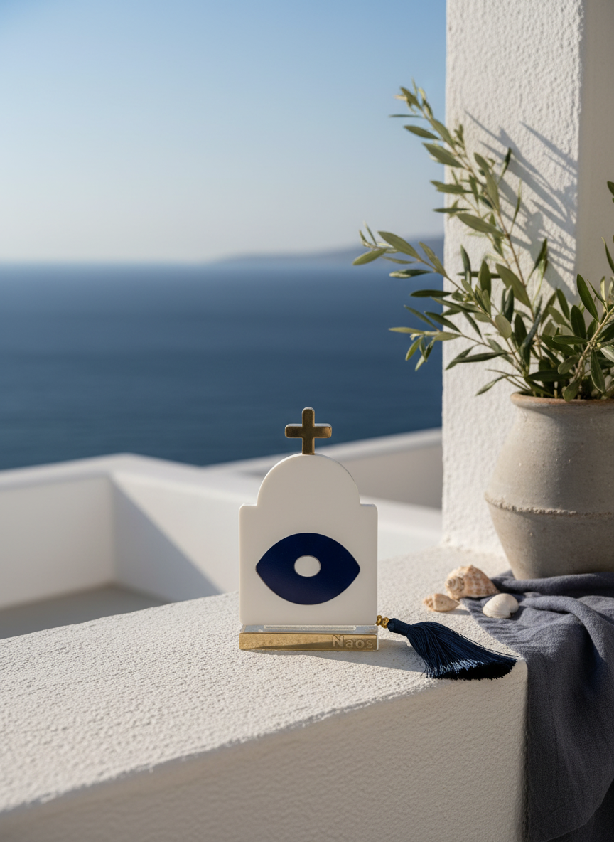 Γούρι plexiglass σε σχήμα ναού με navy μάτι, χρυσό σταυρό και μπλε φούντα – χονδρική So Cute by DImi