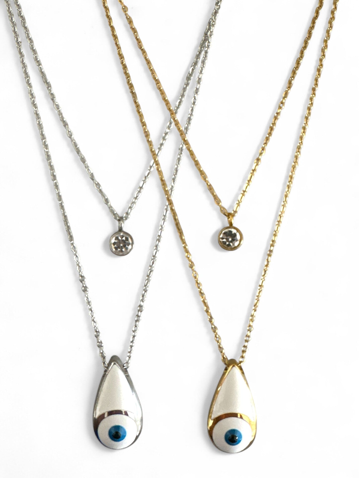 Διπλό ατσάλινο κολιέ σε χρυσό και ασημί με μοτίφ μάτι σε σχήμα δάκρυ και στρας