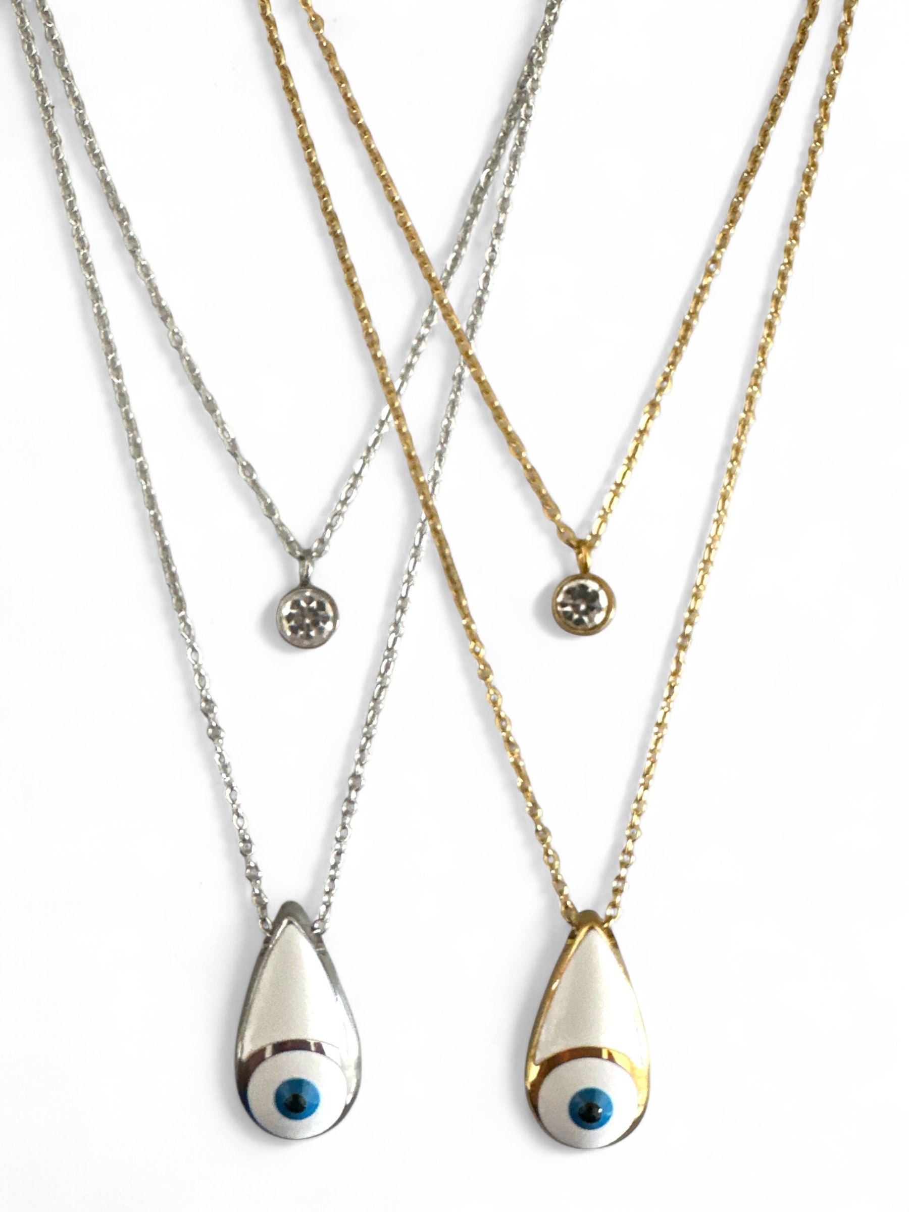 Διπλό ατσάλινο κολιέ σε χρυσό και ασημί με μοτίφ μάτι σε σχήμα δάκρυ και στρας