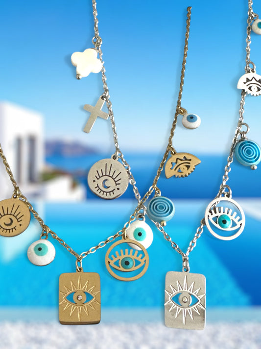 Mystic Icons – Ατσάλινο Κολιέ με Μάτι & Χαρακτηριστικά Charms