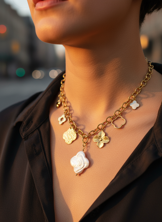 Ατσάλινο κολιέ με charms σταυρούς και πέρλα – Golden Saints Necklace – So Cute by Dimi